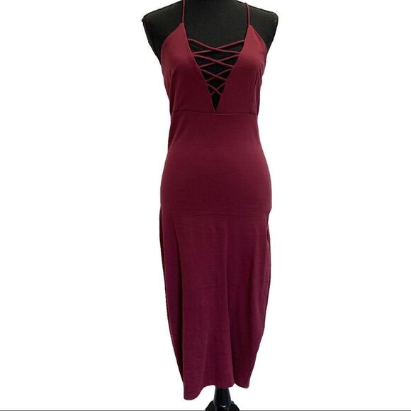 Red plum wine coloured deep V crisscross bodycon stretchy Vegas clubwear dress L - Picture 1 of 10
